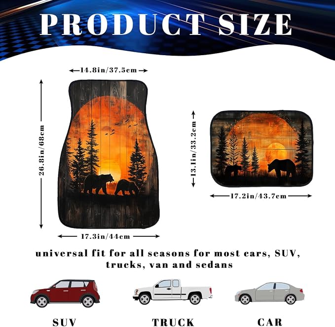 Bear Car Floor Mats Set of 4 Sunset Forest Pine Tree Wildlife Rustic Deer Automotive Foot Mats Rugs Carpet for Car Non-Slip Auto Car Accessories Universal Fit for Car SUV Truck Van