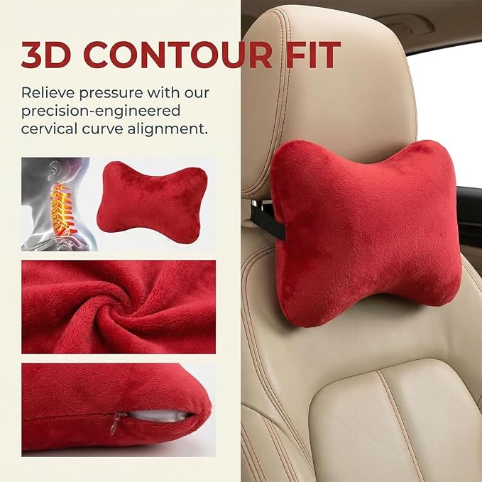 2PCS Car Neck Pillow, Soft Comfortable Vehicle Seat Neck Support Pillow Cushion for Relief Driving Fatigue, Breathable Auto Interior Headrest Neck Rest Pad, Universal for Vehicles (Red)