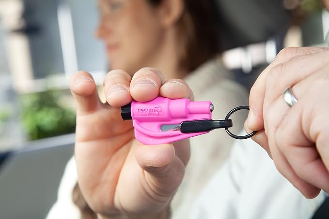 resqme The Original Emergency Keychain Car Escape Tool, 2-in-1 Seatbelt Cutter and Window Breaker, Made in USA, Family Pack of 3, Pink, White, Teal - Compact Emergency Hammer