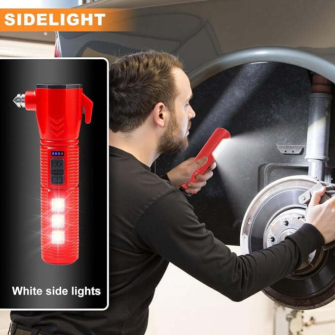 Emergency Car Flashlight - 2000 Lumen Dual Light 4-Level Battery Indicator Window Breaker & Seatbelt Cutter USB Rechargeable Ultra-Light 108g Car Emergency Tool (2pcs-Red)