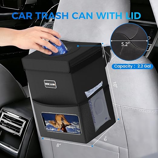 Beicarin Car Trash Can with Lid - Trash Bag Hanging with Storage Pockets Leak-Proof Collapsible and Portable Waterproof Garbage Bin, 2.05 Gallons Multipurpose Trash Bin for Car