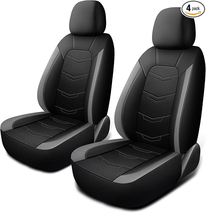 HChengkikz Front Car Seat Cover, Breathable and Sporty (Black + Gray) | Leather, Universal Fit for Most SUVs, Cars, Sedans, Trucks, Airbag Compatible, Easy to Install