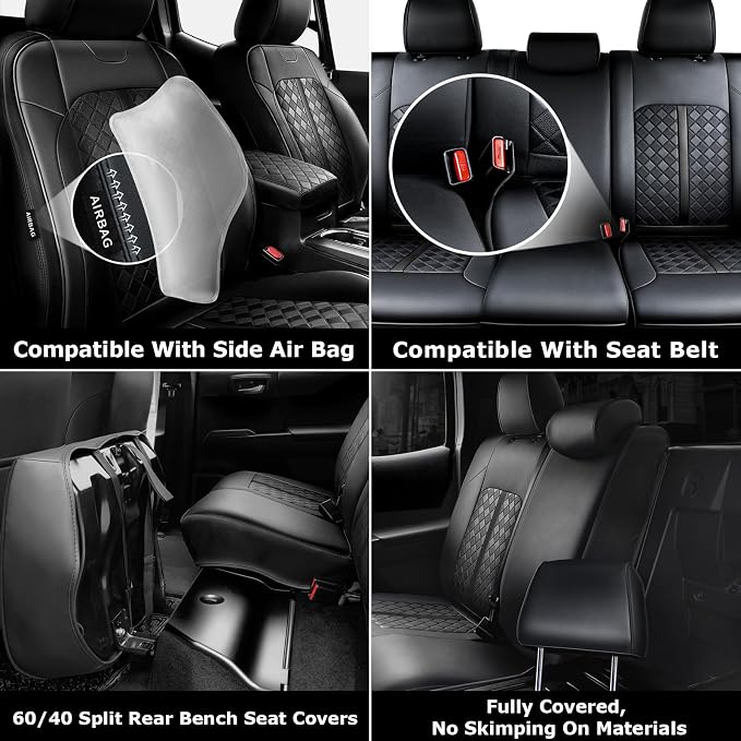 Carlimeki Leather Seat Covers Custom Fit for Tacoma Gen 3rd (2016-2023) | For Double & Crew Cab only - Fits SR, SR5, Limited, TRD Pro, TRD Sport, TRD Off-Road, Trail Special Edition - Fully Covered