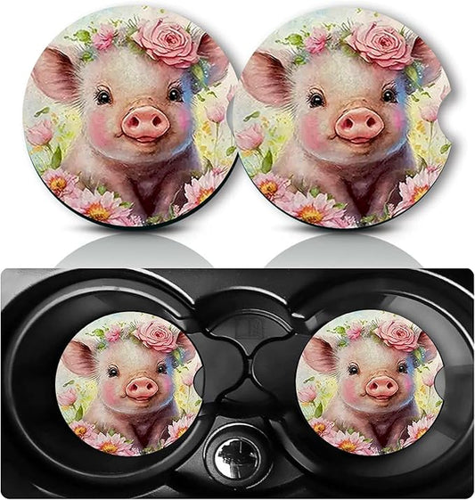 2Pcs Pig Car Coasters,2.75" Neoprene Rubber Cars Cup Holder Coasters | Universal Non‑Slip Mat, Drink Coaster Decor Auto Accessories Pigs Gifts for Women,Men,Mom