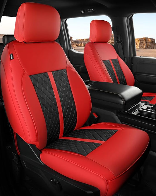 for Ford F150 Leather Seat Covers, SuperCrew XL XLT 2021-2026, F250 F350 F450 Super Duty Crew Cab 2023-2026, Custom Truck Seat Cover Full Set, Pickup Accessories, Red Black (Bucket Seat)
