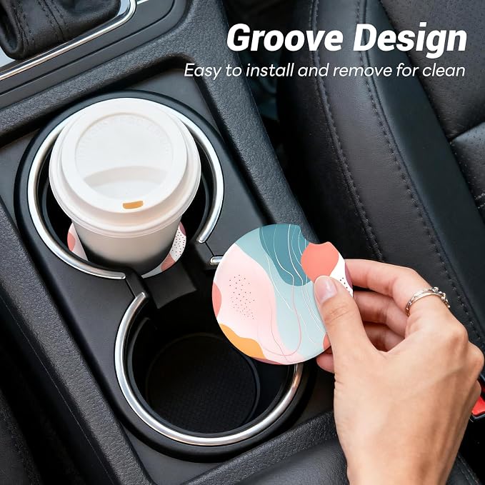 2 Pack Ceramic Car Coasters for Cup Holder, 2.56 in Anti Slip Absorbent Coaster with Cork Base and Finger Notch, Funny Cute Car Accessories for Women, Boho Lines