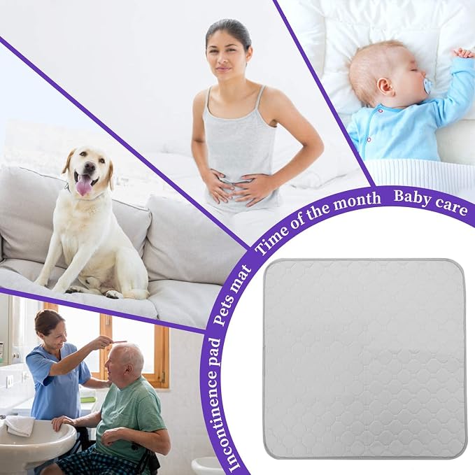 Non-Slip Absorbent Washable Incontinence Pad underpad Seat 4-Layer Design Chair Absorbent Pads Protection - for Seniors, Adult, Children, or Pet Underpad Protection - Set of 2 (Gray, 21" L x 22" W)