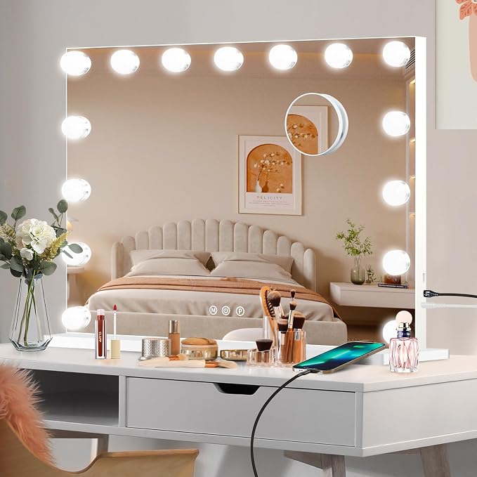 Moonee Vanity Mirror with Lights, Hollywood Lighted Makeup Mirror with 23 Dimmable Bulbs and 10X Magnification, 3 Colors Modes, Light Up Mirror, Gifts for Women, Girls,Dorm Room Essentials（44" x 30"）