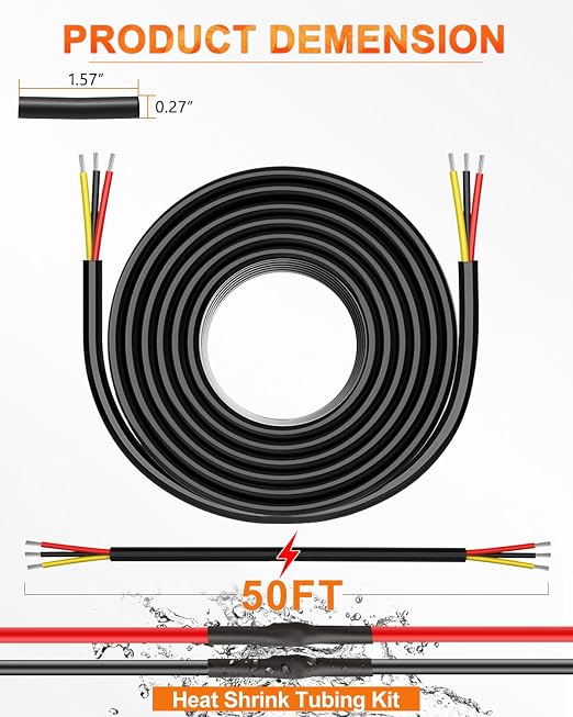 NAOEVO 16 Gauge Wire 3 Conductor Electrical Wire, 16 AWG Stranded PVC Cord, 12V Low Voltage/Tinned Copper/Flexible Cable for Automotive Wiring, Lamp Cord, Marine Cable (50FT)