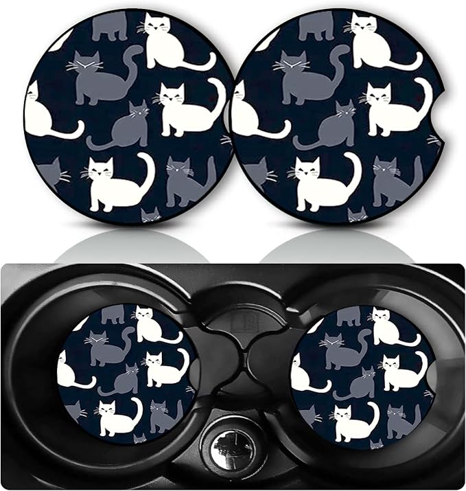 2PCS Cat Car Cup Holder Coasters Universal Anti-Slip Rubber Mat | Black and White Cat Auto Accessories Decor,2.75" Car Coasters for Cup Holders with Finger Slot,Cats Mom Gifts for Women Men