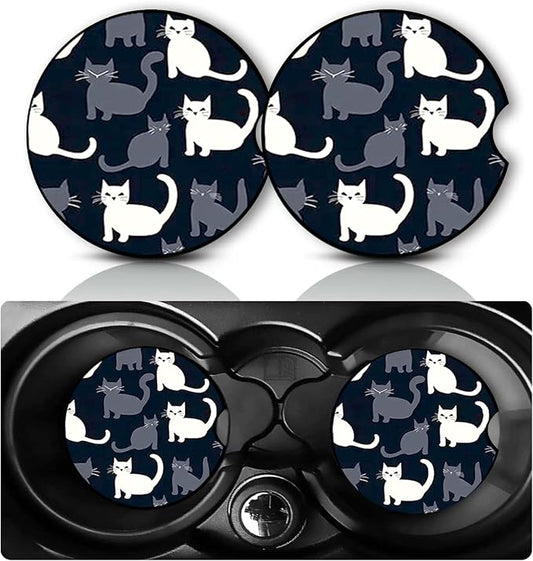2PCS Cat Car Cup Holder Coasters Universal Anti-Slip Rubber Mat | Black and White Cat Auto Accessories Decor,2.75" Car Coasters for Cup Holders with Finger Slot,Cats Mom Gifts for Women Men