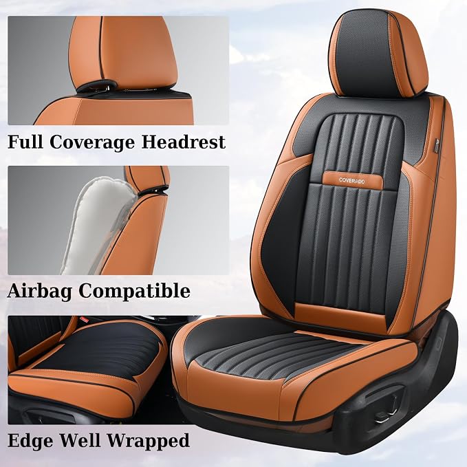 Coverado Car Seat Covers Full Set, Nappa Leather Seat Covers for Cars, Car Seat Protector Car Seat Cushion, Front and Back Seat Protectors Cushions Universal Fit for Most Cars Vehicles(Brown&Black)