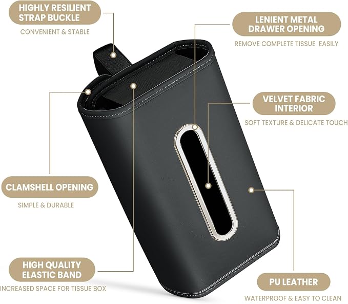 Car Tissue Holder, WHHMK Tissue Box Cover Keep Car Tidy,PU Leather Backseat Napkin Rectangle Organizer,Extra Large Tissue Box Storage in Auto Fits for 100-150 Regular Size Tissues,Black(2Packs)