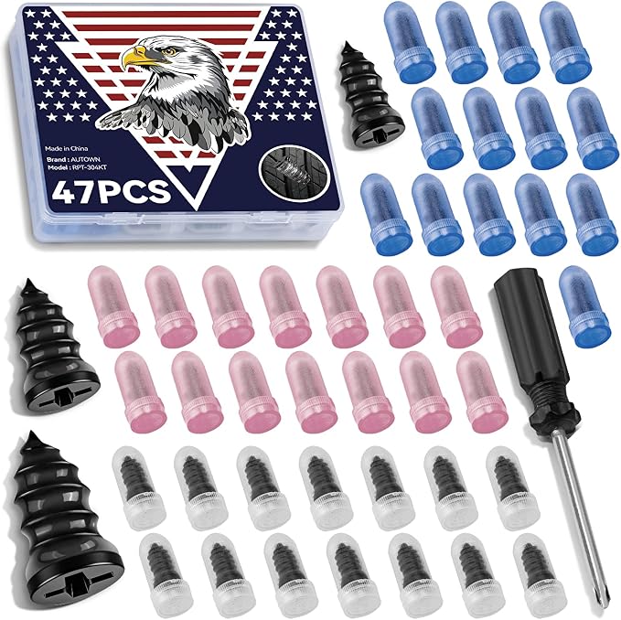 AUTOWN 47PCS Tire Repair Rubber Nail Kit - Complete Set with 3 Sizes, Storage Box & Screwdriver - for Car, Truck, Motorcycle & More