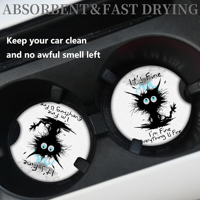 2 Pack Car Cup Holders,Universal Auto Anti Slip Insert Coaster, Rubber Car Coasters with A Finger Notch, Cute Car Assecories for Women Men (I'm Fine Cat)