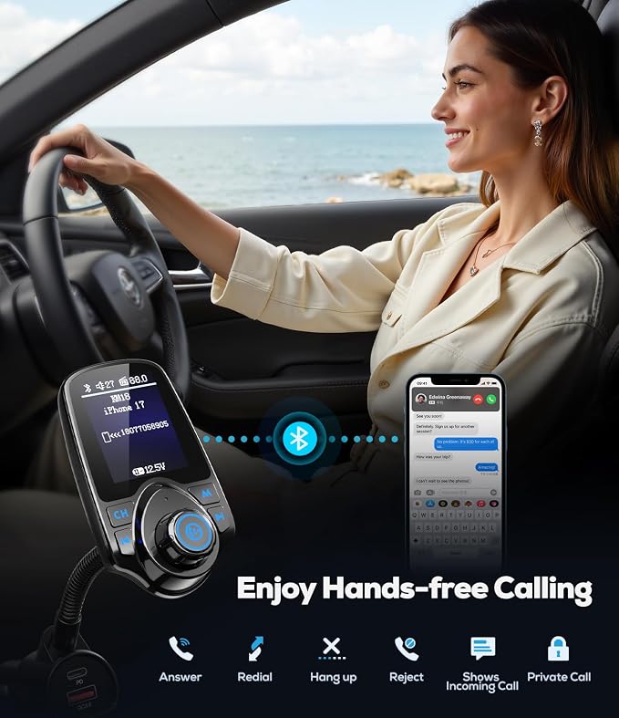 Nulaxy [2026 KM18 Upgraded Version] 1.8" Color Screen 48W Bluetooth 5.4 Car Adapter, Dual Fast Charging Ports [PD 30W & QC3.0 18W] Wireless Radio FM Transmitter, Hands-Free Call, 7 EQ Modes, Black