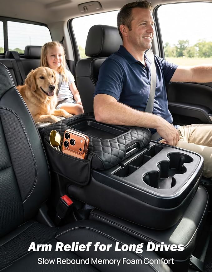 JOYTUTUS Center Console Cover Compatible with Silverado Sierra 2014-2018 Jump Seat, Leather Arm Rest Armrest Cover for Car, Durable Middle Console Cover Replacement for Trucks, with 2 Pocket