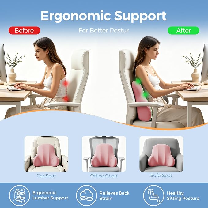 BABUR Ergonomic Memory Foam Lumbar Support Pillow for Car, Back Pain Relief | Ergonomic 100% Memory Foam, Back Pain Relief, Comfort Lower Back Support for Office Chairs, Car Seat, Wheelchair