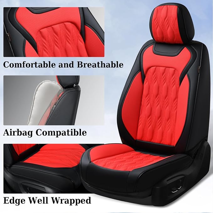 Coverado Car Seat Cover Full Set, Luxury Leather Seat Covers for Front and Rear, Waterproof Seat Covers Auto Seat Cover 5 Seats, Car Seat Protectors Driver Seat Covers Universal for Most Vehicles, Red