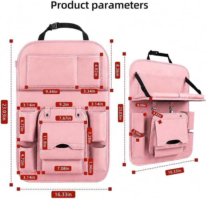 Car Backseat Organizer with Foldable Table Tray, PU Leather Seat Back Organizer with Trash Bin, Tablet Holder, Kick Mat Protector, Back Seat Storage for Cars, Pink