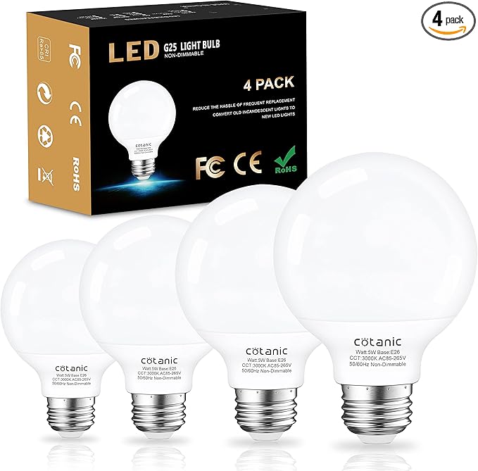 Cotanic Bathroom G25 LED Vanity Light Bulb 3000K Soft White, Globe Light Bulbs, E26 Standard Base, 5W, 60 Watt Equivalent Incandescent Replacement, 500LM, Non-Dimmable, 4-Pack