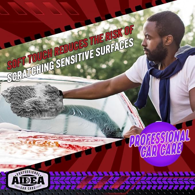 AIDEA Car Wash Mitt Microfiber, 2PK, Car Wash Brush, Grey, 8''X12'' | Scratch Free Lint Free Premium Chenille Microfiber Mitt, Cleaning Supplies, Extra Large Size