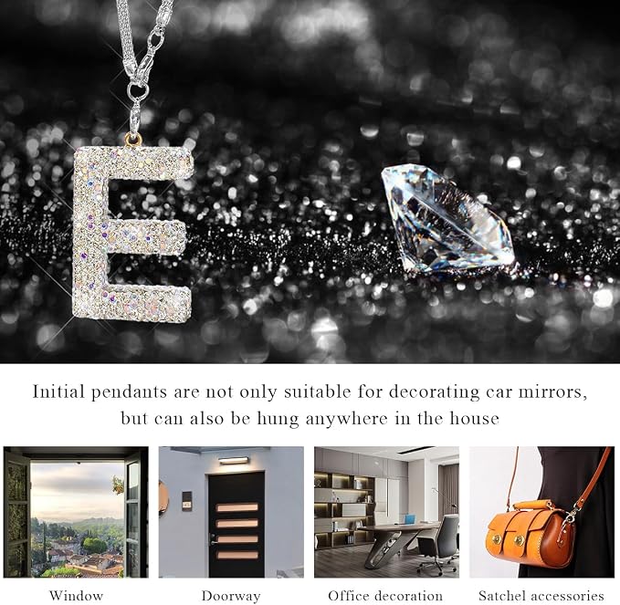 DXNQ Bling Initial Car Rear View Mirror Ornament, Crystal Sparkling Cute Letter Charm Pendant Auto Decor, Hanging Lucky Diamond Initial Charm Car Mirror Bag Ornament for Girl Women (Letter E)
