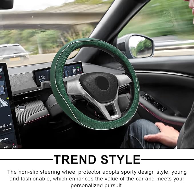 Car Steering Wheel Cover, 15 Inch Anti-Slip Breathable Leather Auto Steering Wheel Protector, Full Surround Soft Steering Wheel Cover for Men Women, Car Interior Accessories (Green & White)