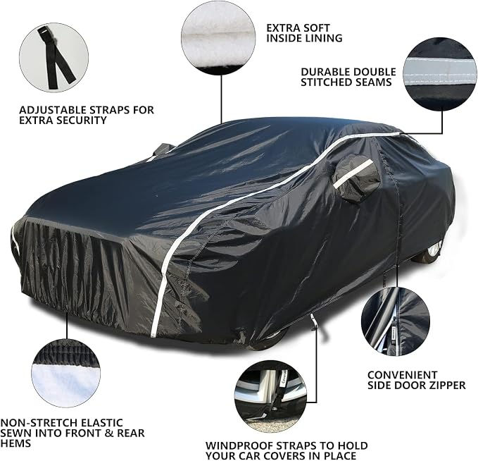 Tecoom Car Cover Waterproof All Weather, Car Covers for Automobiles with Zipper Door, Cotton Backing, Windproof Sun UV Hail Protector, Universal Fit for Sedan (201"-210")