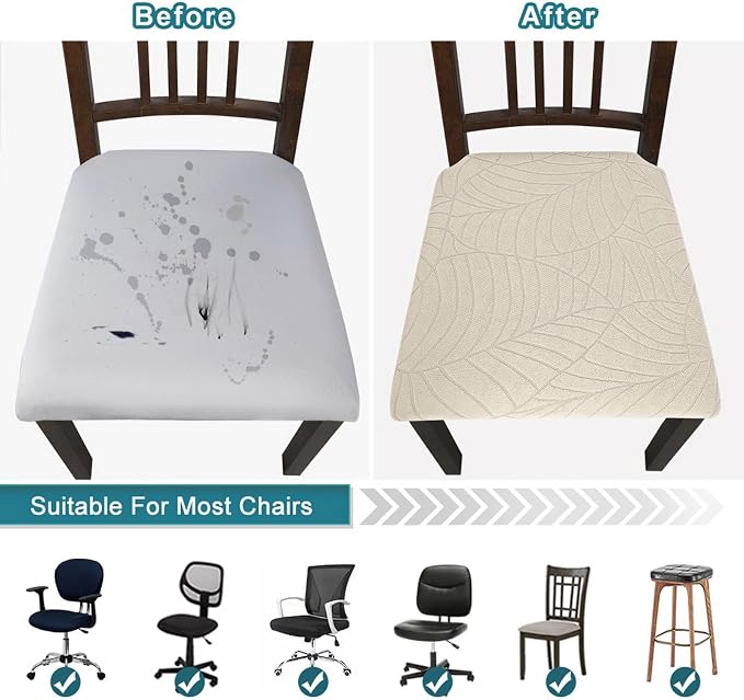 SearchI Waterproof Seat Covers for Dining Room Chairs Stretch Jacquard Chair Seat Covers Set of 4, Removable Washable Kitchen Chair Seat Protector Cushion Slipcovers for Office (Beige Leaf)