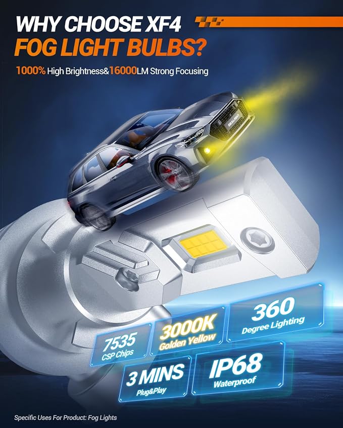 SEALIGHT H11 LED Fog Lights Bulbs Yellow or DRL 16000LM Brightness, H16/H8 Fog Lamps 3000K Amber Light Strong Penetration, 2024 Upgrade Liquid-cooled Copper Tubing H16 Fog Lights for Truck, Pack of 2