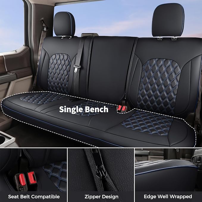 Huidasource 2007-2017 Wrangler JK Seat Covers 2 Door, Waterproof Leather Seat Cover Custom Fit for Jeep Wrangler JK 2-Door Rubicon Sahara Sport, for Single Bench Back Seat (Full Set/Blue Line)