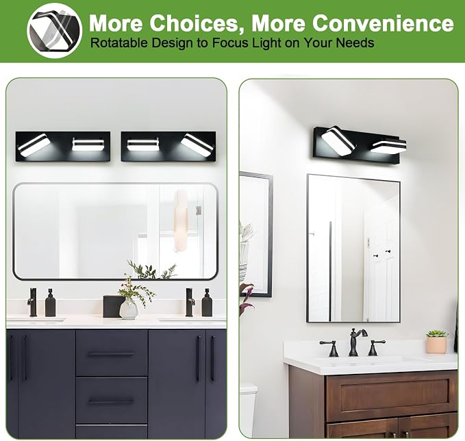 Torondo 360° Rotate LED Bathroom Vanity Light Fixtures, Acrylic Vanity Lights for Bathroom, Modern Wall Lighting Fixtures Over Mirror Living, Matte Black, Natural White, 2-Light, 14-Inch