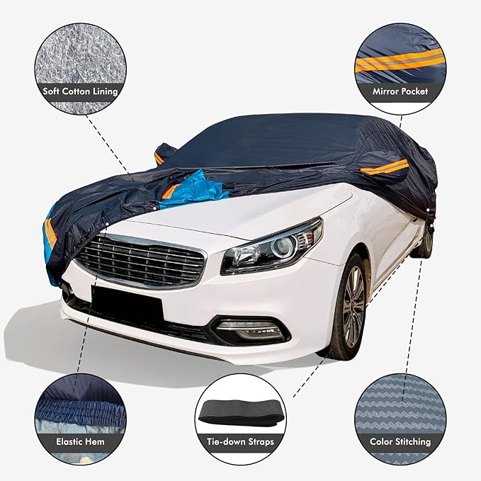 Car Cover Waterproof All Weather for Automobiles, 6 Layers Outdoor Full Exterior Cover Rain Sun UV Snowproof Protection with Zipper Cotton, Mirror Pocket for Sedan (173-183 inch)