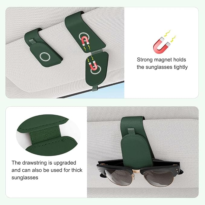 Sotfamily Sunglass Holder for Car Visor, Grass Green, 2 Packs | Suede Cloth, Magnetic, Organizer for Car Accessories