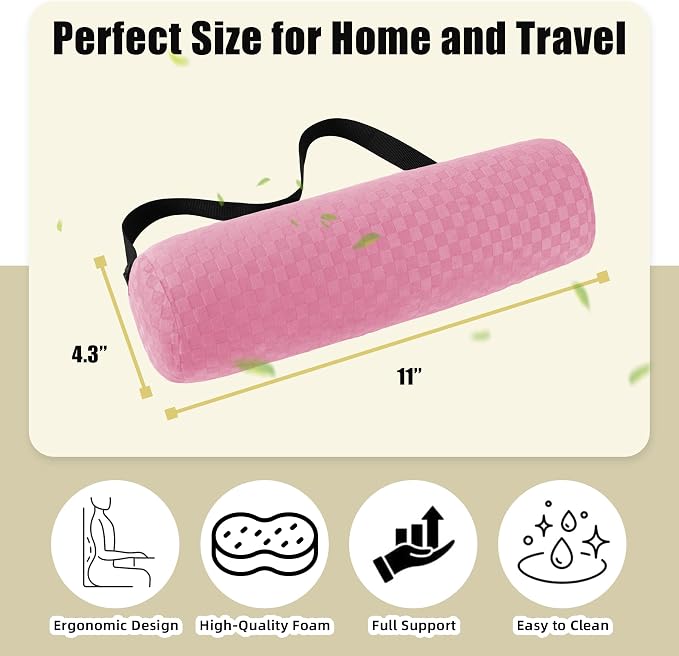Coeyese Lumbar Roll Pillow for Lower Back Support, Pink, Short-11 * 4.3'' | Removable Pillowcase, Upgraded Adjustable Strap, Suitable for Office, Chair, Car, Seat Pain Relief & Improving Posture