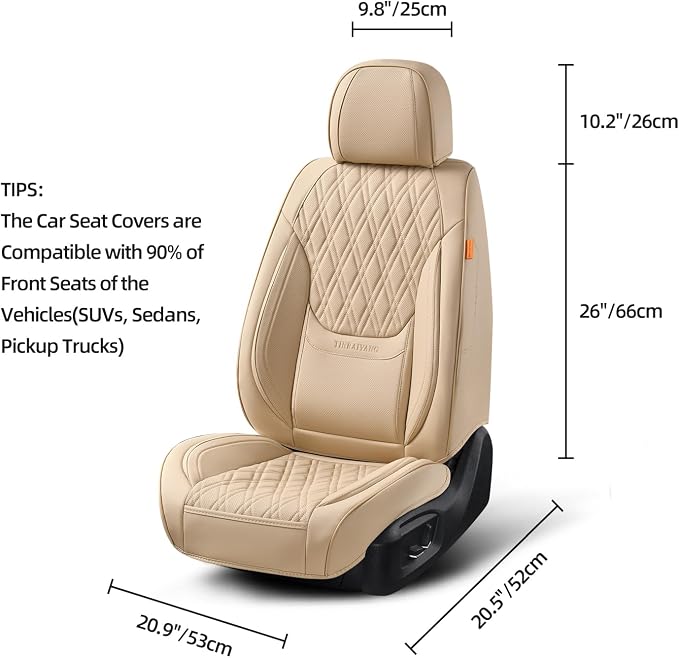 Car Seat Covers Front Pair, Breathable Leather Automotive Front Seat Covers with Headrest, Universal Automotive Vehicle Seat Cover for Most Sedan SUV Pick-up Trucks, Beige