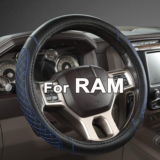 West Llama Customized Auto Car Steering Wheel Cover for Dodge RAM 1500 2500 3500, 15.5-16 inch (Diamond Quilted-Black+Blue-Large Size)