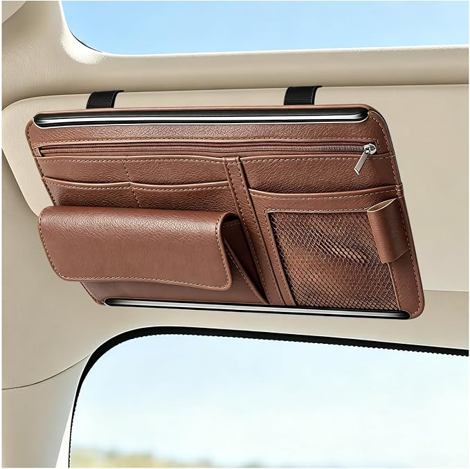 Car Sun Visor Organizer, Scratch-Resistant Auto Visor Glasses Storage Bag with Multi-Pocket Net Zipper, Waterproof Leather Sunshade Organizer Card Holder for Most Vehicles (Brown)
