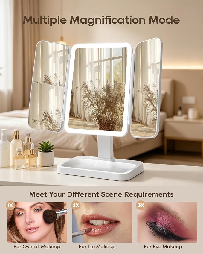 BWLLNI Trifold Vanity Mirror with Lights, Diamond Lattice Makeup Mirror, 2X/3X Magnification, 3 Colors Dimmable, 270° Rotation, Height Adjustable Stand with Storage Base