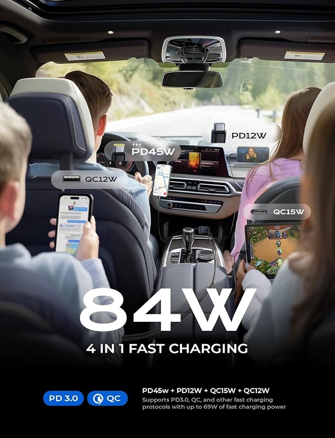 LISEN Retractable Car Charger, Duanl C Retractable Car Chagrer 84W Car Charger USB C Fast Charger Adapter, Car Accessories for Men Women, for iPhone 17 16 15 14 13 12 Pro Max, Grey