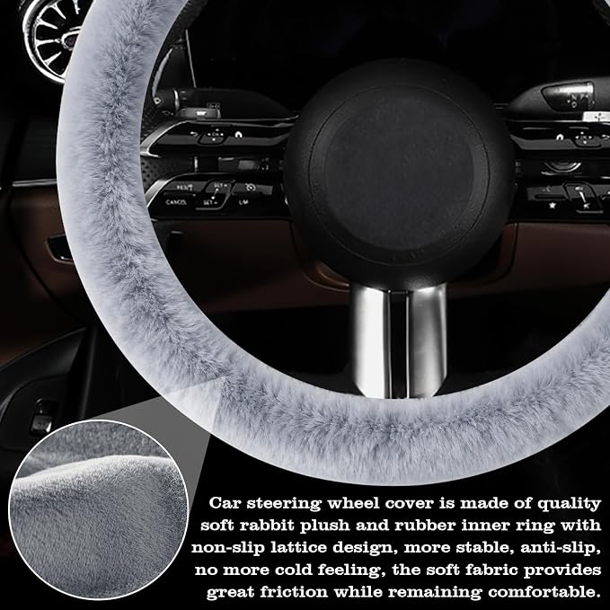 Furry Warm Steering Wheel Cover, Universal 14.5-15 Inch Winter Plush Warm Steering Wheel Cover, Soft Fluffy, Anti-Slip Design, Soft Texture (Gray)