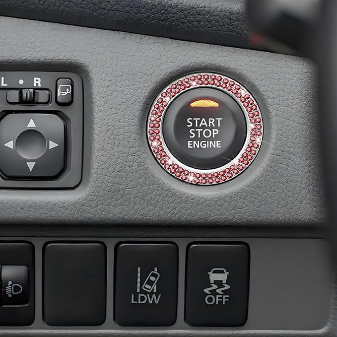 Bling Car Engine Start Ring Decals, 2PCS Sparkling Crystal Rhinestone Vehicle Push to Start Button Sticker, Diamond Auto Key Ignition Knob Decorative Ring, Universal for Vehicles (Red)