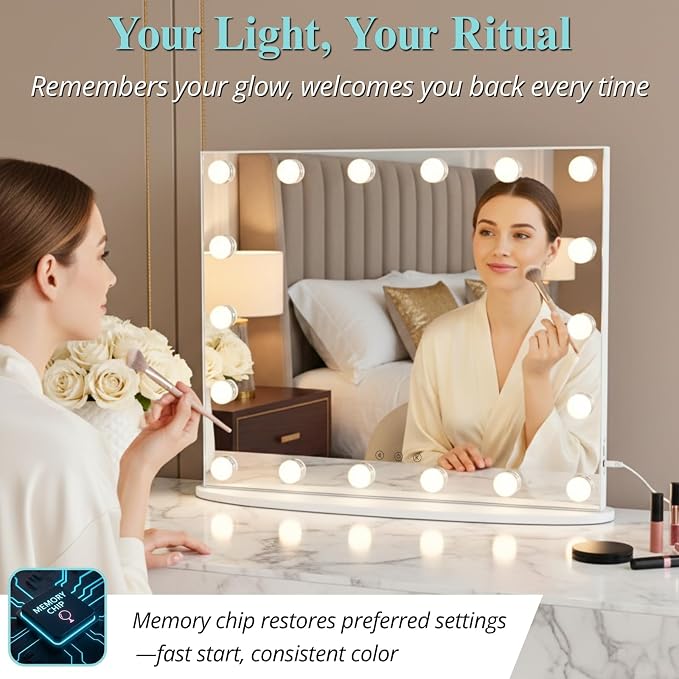 LUXFURNI Vanity Mirror with Lights, 23.6" Hollywood Makeup Mirror White | 18 Surround LED Bulbs, 360° Shadow-Free Lighting, 3 Color Modes, USB Charging, Tabletop & Wall Mount for Bedroom Dorm Desk