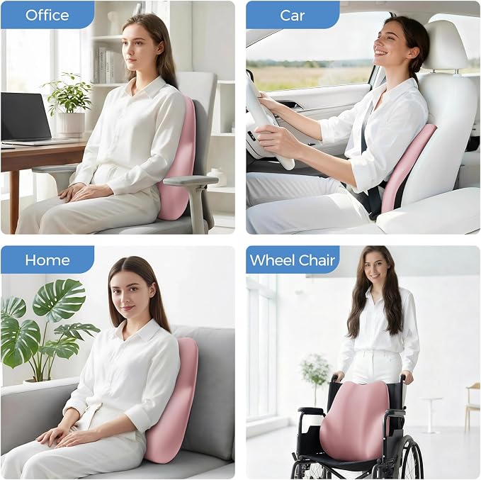 BEBAS Lumbar Support Pillow for Car, Memory Foam Back Cushion for Driving, Ergonomic Lumbar Pillow for Pain Relief, Comfort Lower Back Support for Office Chairs, Car Seat, Wheelchair -Pink