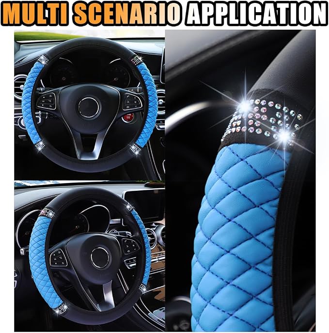 JOYCOURT 15 Inch Bling Soft Leather Car Steering Wheel Cover, Blue | Colorful Rhinestones Design, Auto Elastic Protector for Women Girls, Crystal Diamond Car Accessories for Most Cars, SUVs