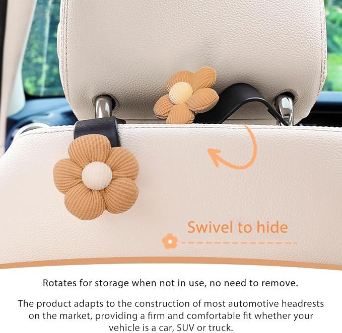 4 PCS Car Seat Headrest Hooks, Cute Flower Car Seat Back Organizer Bag Holder Hooks, Automotive Seat Hook Hanger Storage Organizer for Purse Cloth Grocery Bags, Car Accessories (Brown+Black)