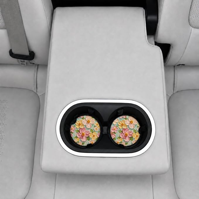 2Pack Car Cup Holder Coasters Absorbent Ceramic Coaster 2.56" for Women & Men Auto Flower Cute Car Accessories