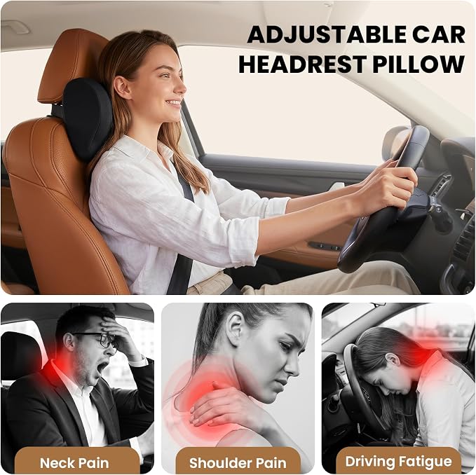 ZZ-WELL Car Headrest Pillow, Car Neck Pillow for Neck Pain Relief with Adjustable Strap, Memory Foam & Breathable Removable Cover, Travel Car Neck Pillow for Pain Relief While Driving (Black, 1Pack)