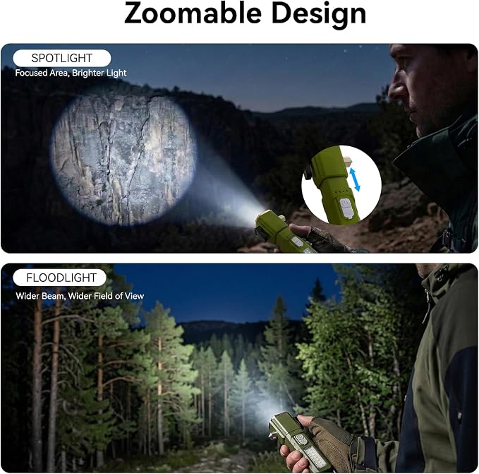 Emergency Car Flashlight with 6 Lighting Modes, Flashlights Emergency Kit Escape Hammer with Seatbelt Cutter & Window Breaker, Zoomable Design,Type-C Rechargeable for Roadside Safety,Camping,Home